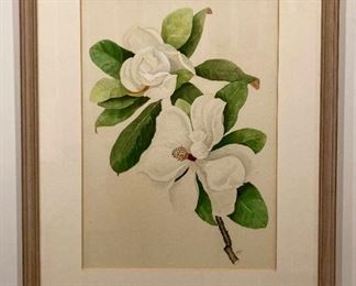 Framed, signed watercolor Magnolia blossoms print
