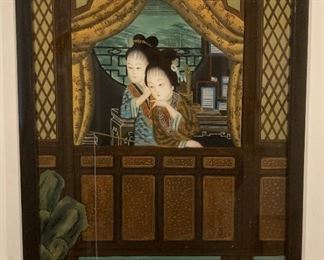 Vintage Asian reverse glass painting