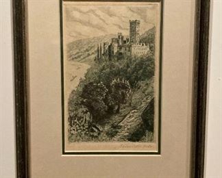 Framed, signed castle with mountain scene etching