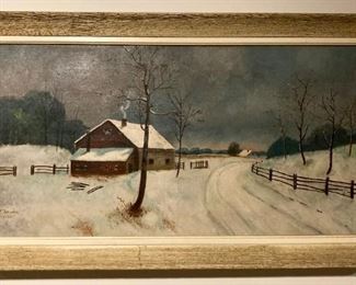 Vintage framed, signed E. Newlin landscape oil painting