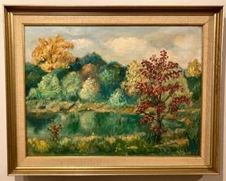 Vintage framed, signed EM Newlin landscape oil painting