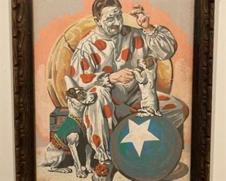 Vintage framed clown with dogs painting