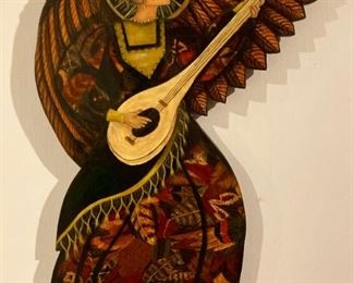 Signed wooden angel with mandolin plaque