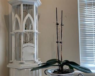 Wood bird cage, painted wood column, metal plant stand