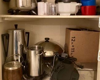 Assorted small kitchen appliances, coffee urns, pitchers, ice buckets
