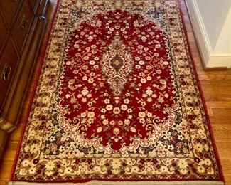 Many area rugs: Tapestry pattern red/multi-colored 3' x 5'; Oriental rose pattern (navy/multi-colore) hexagon 33" diameter; Navy blue/red/beige/multi-colored 2'7" x 3'9"; Oriental beige/blue/multi-colored flower pattern 2'1" x 3'1"; Kismet Classic (100% wool) navy kirman 2'2" x 15'4" (x2); red/beige flower pattern 3'9" x 5'7"; red/beige design 2'7" x 5'9"; Karishah (100% wool) red/beige/multi-colored 2' x 3'9" 