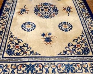 Many area rugs: Tapestry pattern red/multi-colored 3' x 5'; Oriental rose pattern (navy/multi-colore) hexagon 33" diameter; Navy blue/red/beige/multi-colored 2'7" x 3'9"; Oriental beige/blue/multi-colored flower pattern 2'1" x 3'1"; Kismet Classic (100% wool) navy kirman 2'2" x 15'4" (x2); red/beige flower pattern 3'9" x 5'7"; red/beige design 2'7" x 5'9"; Karishah (100% wool) red/beige/multi-colored 2' x 3'9"