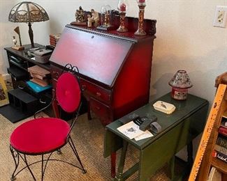 Vintage secretary, wrought iron Ice Cream Parlor chair. Vintage drop leaf table.