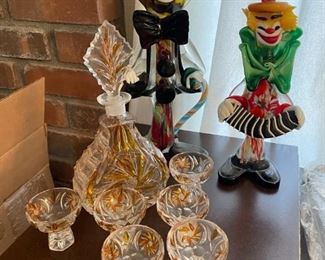 Murano Glass Clowns     Cut Crystal Decanter Set