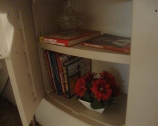 plastic cabinet, books