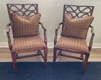 Scrolled Wood Arm Chairs, a Pair
