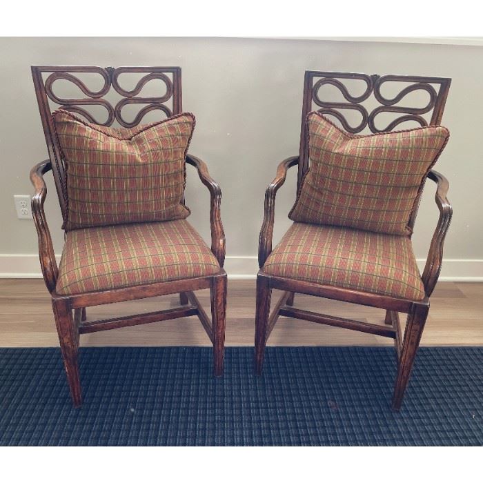 Scrolled Wood Arm Chairs, a Pair