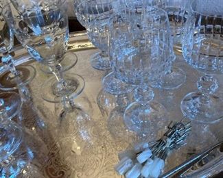 lot of good cocktail & wine glasses-huge silver-plate tray