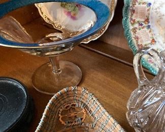 handprinted porcelain, handmade basket-old glass