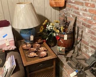 copper--old stereo side table-radio works, stereo needs help-barrel weird rustic stuff
