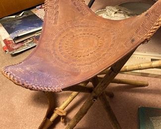 Look-fab 3-leg stool with tooled leather seats-one of 2