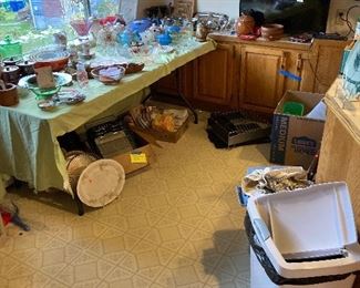 kitchen with teapots, Hall pottery more--TV-Depression canisters-more