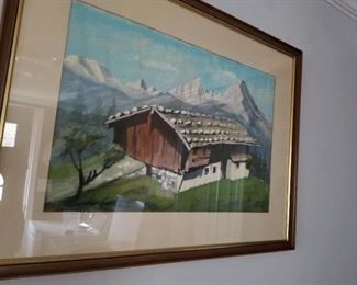Landscape with barn  & mountains in background