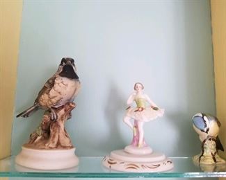Lefton china chickadee, Dresden lace ballerina, Bing & Grondahl bluetit