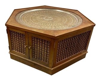 Vintage Genuine Egyptian Mashrabiya Hexagonal Teak 4-door Console Table With 39 Inch Etched Solid Brass Tray 