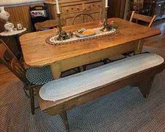 antique primitive table w/bench and chairs