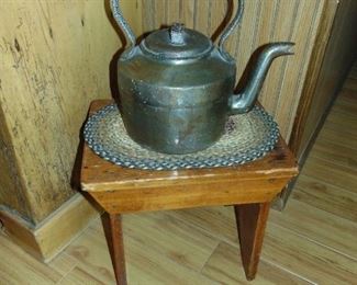 heavy iron teaport, primitive wood stool