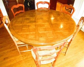 Iron-Base Round Table with Parquetry Top w/ Six Chairs