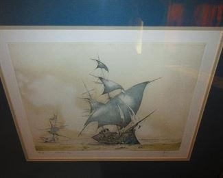 Signed French Colored Nautical Etching