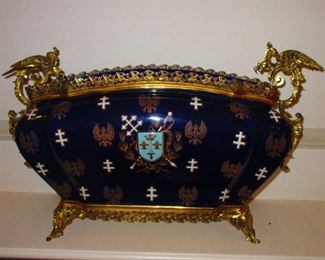 Antique 19th Century French Heraldic Porcelain Jardiniere, Trimmed with Brass Ormolu, Griffin Handles