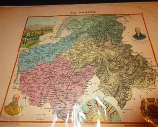 Antique 19th Century Colored Lithograph, French Map, 1876