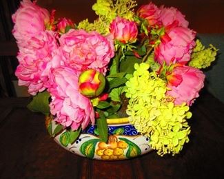 Large Deruta Faience Cache Pot with Faux Flowers