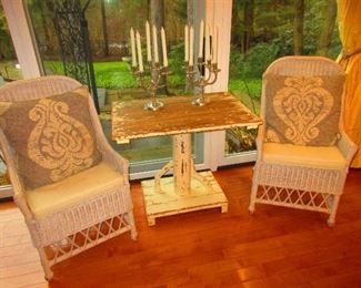 Pair of Wicker Chairs, Adirondack Style Table and Pierre Deux Five-Arm Candelabras