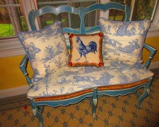 French Settee wearing Toile, Cock Pillow