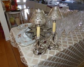 Pair of lamps with sterling silver shade