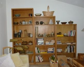 3 Oak  Shelving Units w/Books & pottery