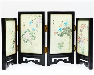 Double Sided Painted Silk Table Top Folding Screen
