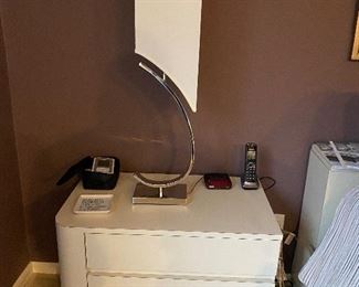 Nightstand by Contemporary Mica Inc. (one of two matching); one of two matching postmodern lamps.