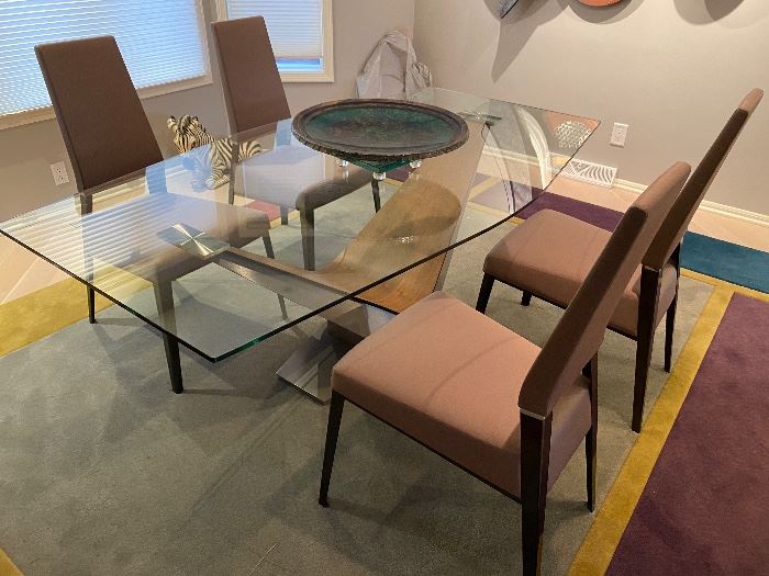 Modern dining table and chairs by Elite Mfg. (Santa Fe Springs, CA).  Glass top w/metal and wood base.