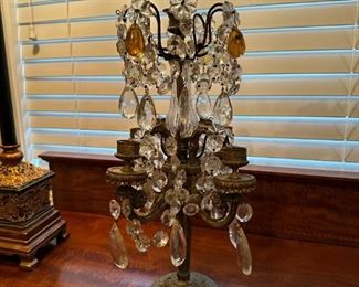 PAIR - Antique Bronze and Crystal Girandole Lamp (Unelectrified)