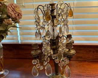 PAIR - Antique Bronze and Crystal Girandole Lamp (Unelectrified)