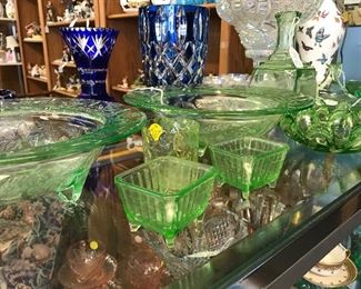 Vaseline Glass - Bowls, Footed square dishes, lotus bowls, decanter