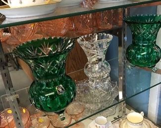 Golden Crown 3 Toe West Germany Emerald to Clear Vases, 6" Lead Crystal 3 toe Vase