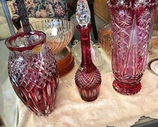 Gorgeous 12" Val Saint Lambert Belgium Ruby Red to Clear Vase; 16" Lead Crystal Decanter Ruby Red to Clear w Stopper; 14" Bleikristan Bavaria Germany 24% Lead Crystal Ruby Red Cut to Clear-Stunning