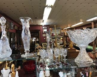 Cut Glass Decanter 15.5", 14.5" Crystal Vase , Clear Romanian Wine glasses with Ruby Red Base, Beautiful Cut Punch Bowl (2 pc)