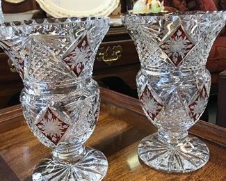 Heavy Crystal Vases 9" with Ruby Red Floral