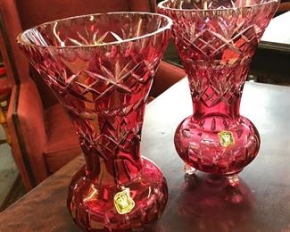 Golden Crown 9.5" 3 Toe West Germany Hand Red Cut to Clear Vases ER
