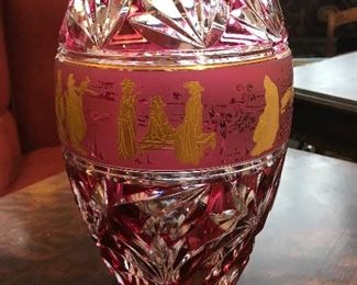 Heavy 9.5" Val St Lambert - Cristal Belguim Vase. Red cut to clear, Band of satin and gold (note the spelling on the label)