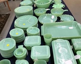 Jadite Collection - cream/sugar, covered refrigerator dishes, measuring cups, bowls plates, divided plates, baking dish, baking bowls with purer, mixing bowls, lotus bowls, vases, shakers, glasses,cups and saucers, mugs and vintage mixer w juicer