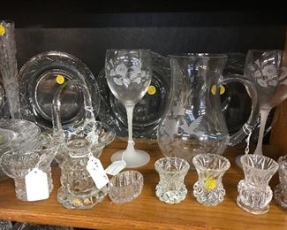 Crystal Toothpick holders, Humming Bird Pitcher and Wine Glass set, Dessert plates, vases, etc