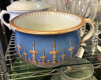 Unusual  Chamber Pot.  French Motif Blue and Gold .